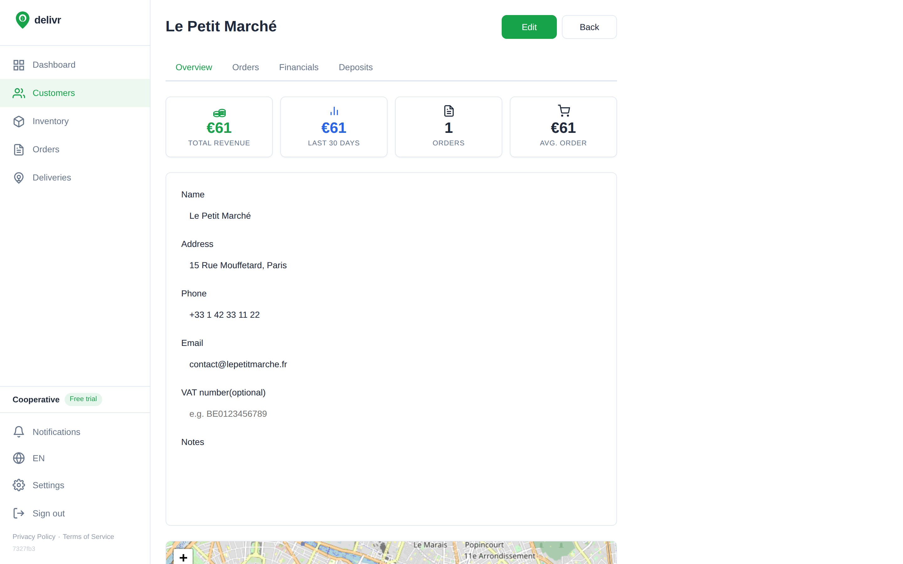 Customer detail with stats, contact info and map
