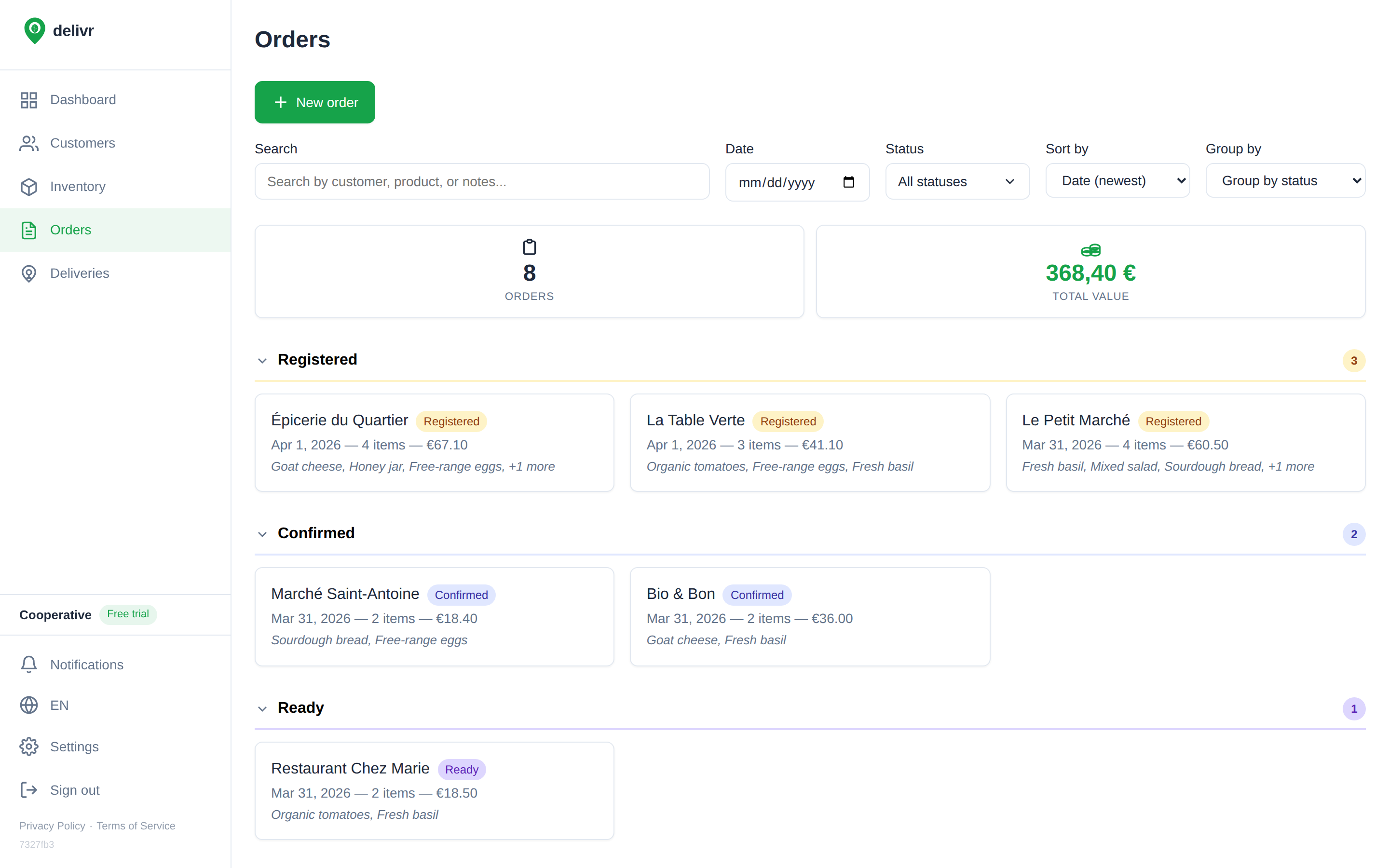Order list with filters and statuses