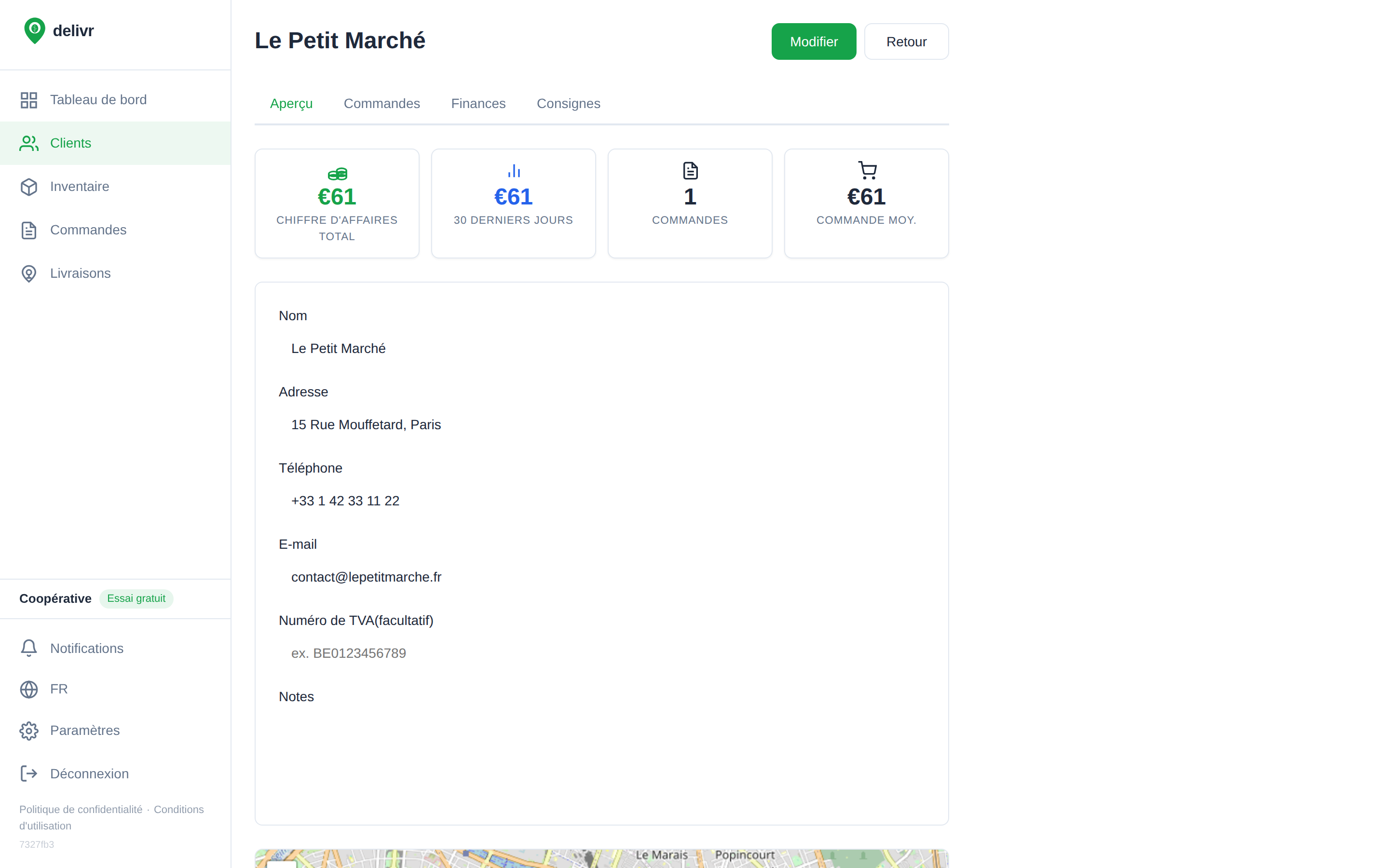 Fiche client avec statistiques, coordonnées et carte