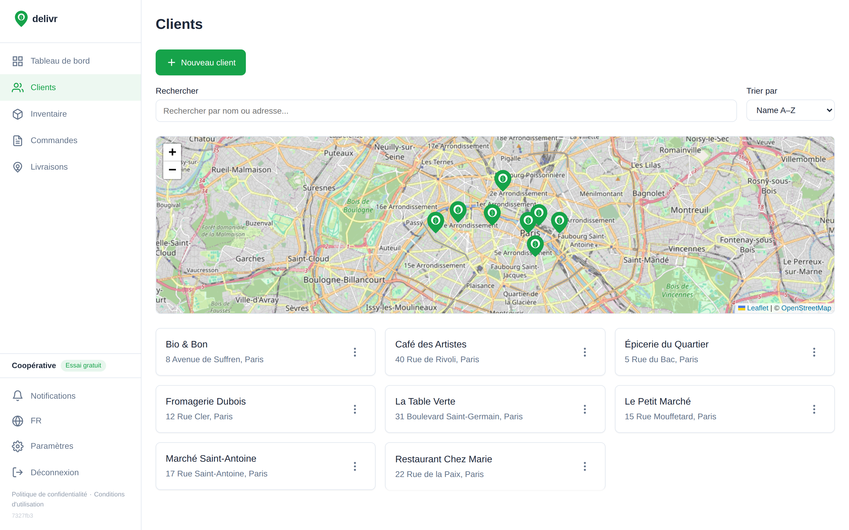 Carte des clients avec itinéraire optimisé