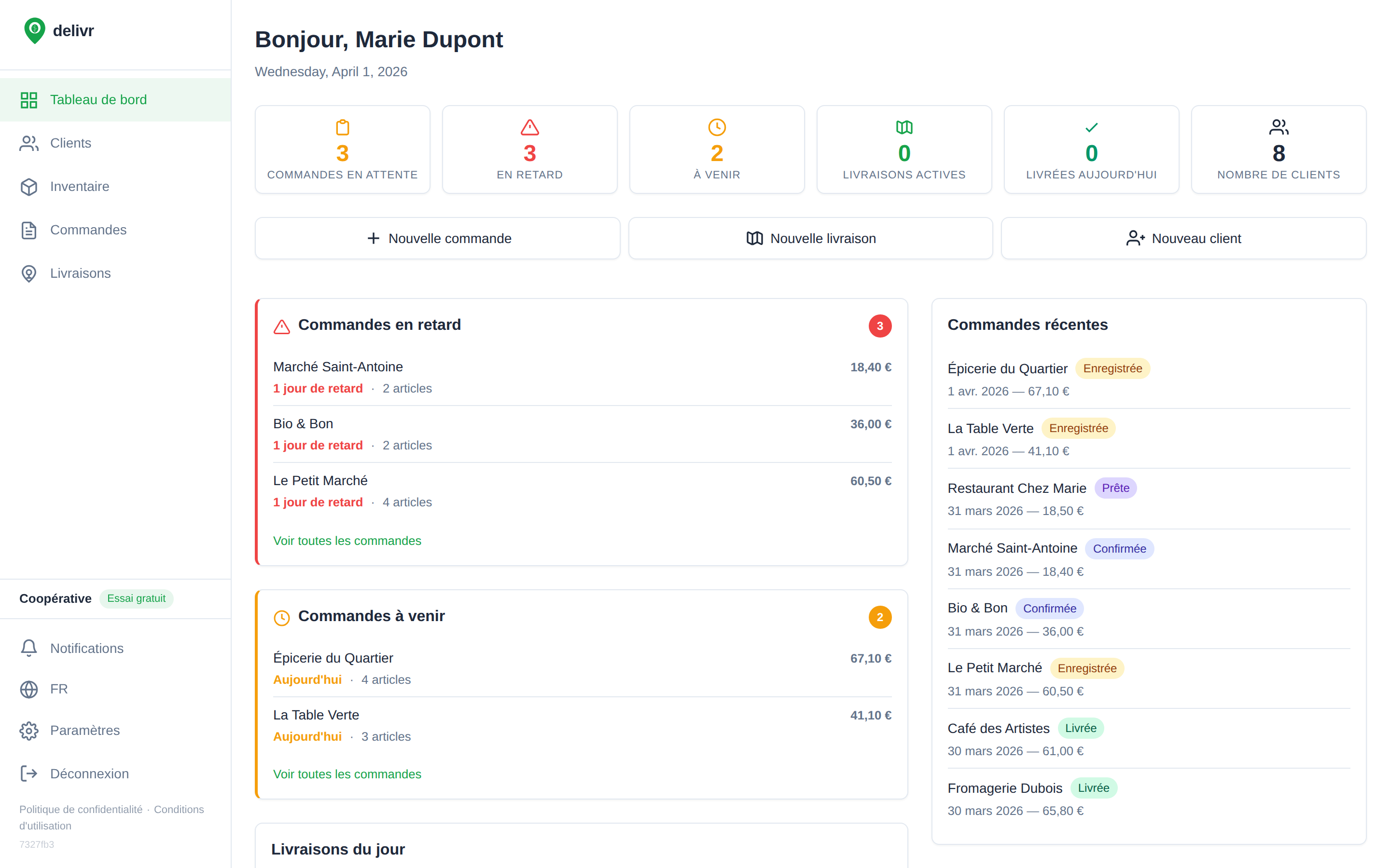 Tableau de bord delivr — commandes, livraisons et métriques en un coup d'œil