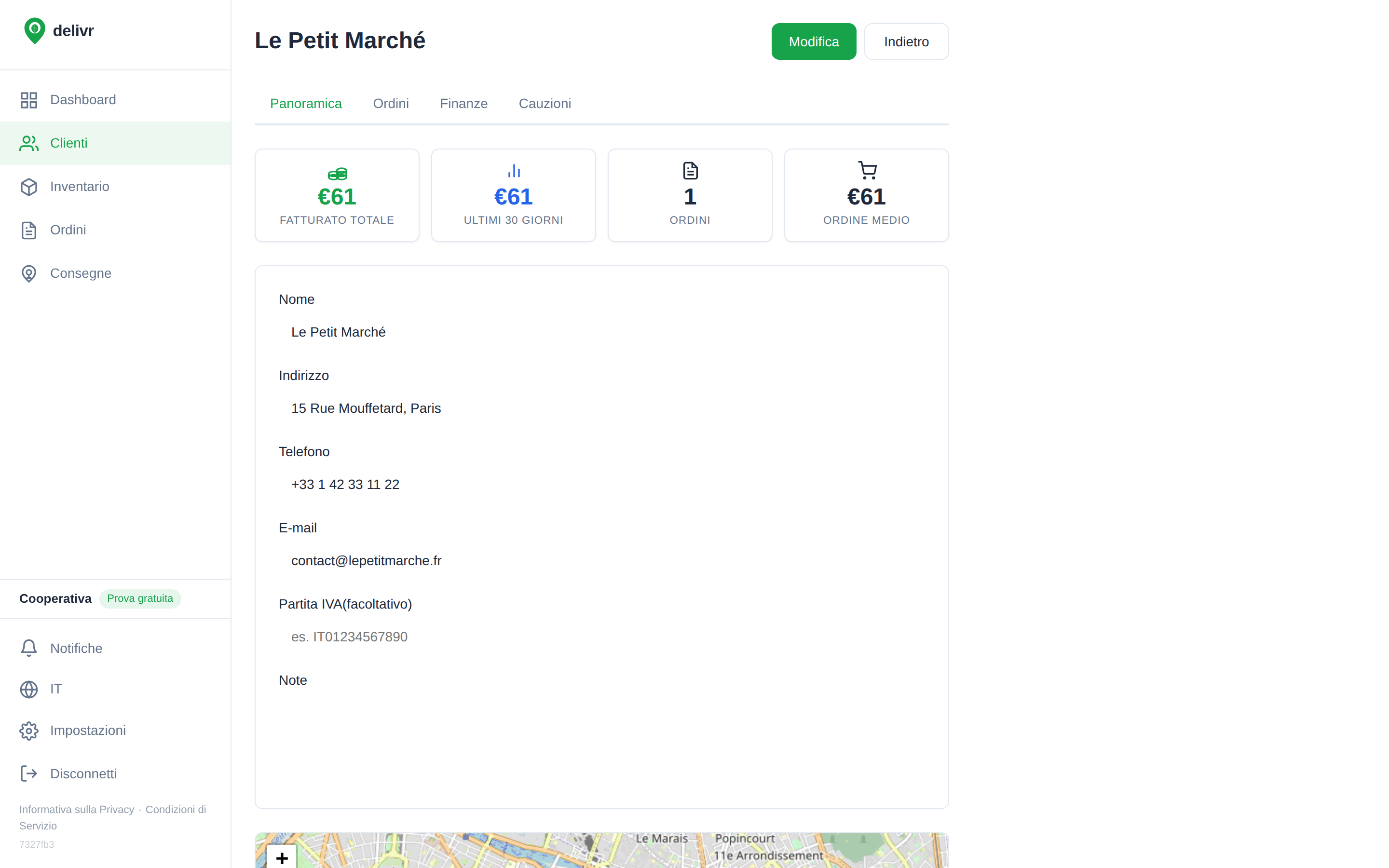 Scheda cliente con statistiche, contatti e mappa